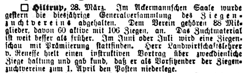 Bericht über die Generalversammlung 1904 des Hiltruper Ziegenzuchtvereins (Westfälischer Merkur 29.3.1904, Bearbeitung: Henning Klare)