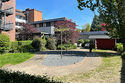 Hiltrup, Marktallee 42: Schotter statt Grün im Hof der Meyer-Suhrheinrich-Stiftung (30.4.2025; Foto: Henning Klare)