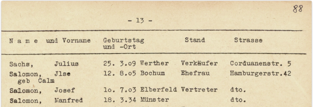 "Judenliste", Münster 1939 (Auszug; Stadtarchiv Münster)