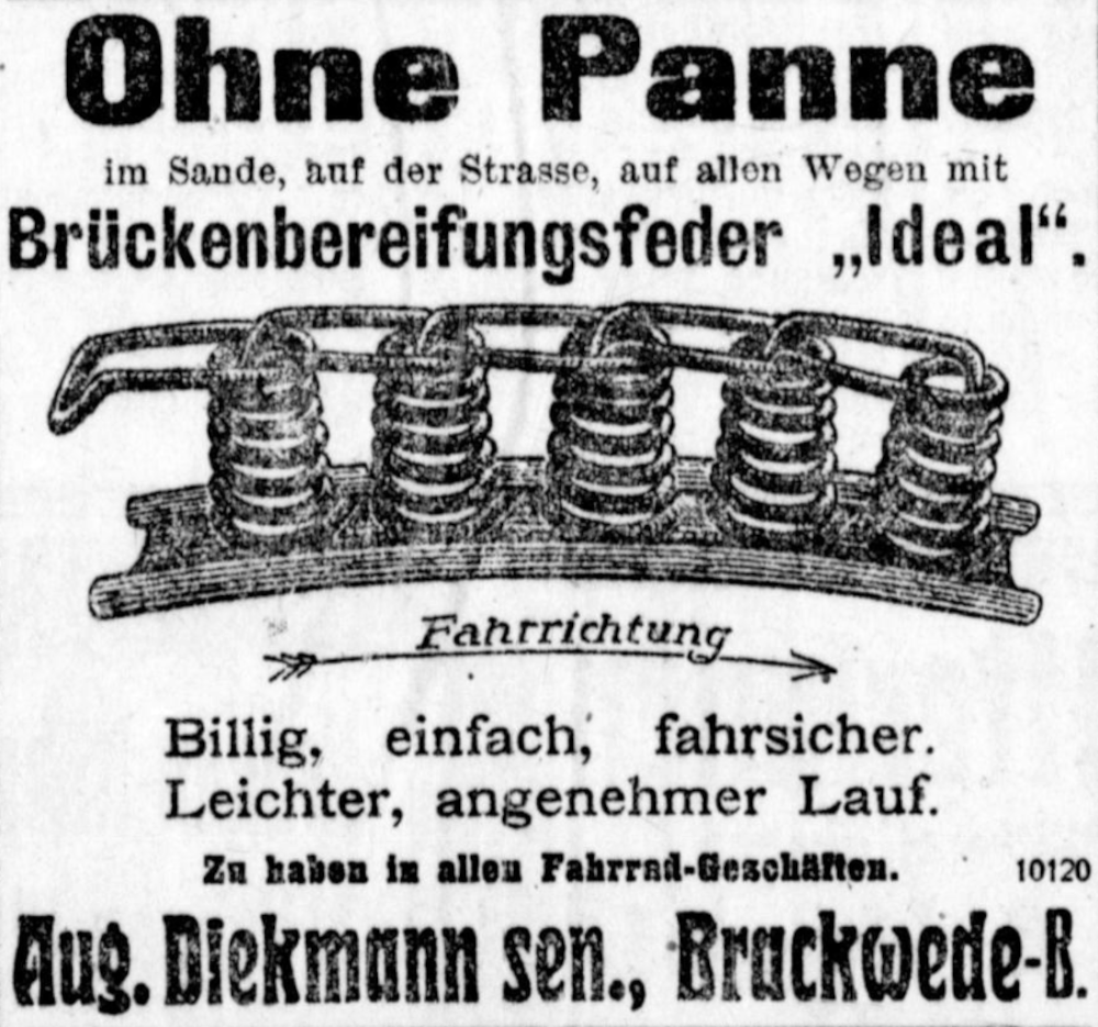 "Brückenbereifungsfeder" als Ersatz für Fahrradreifen (Volkswacht 19.8.1919; Bearbeitung: Henning Klare)