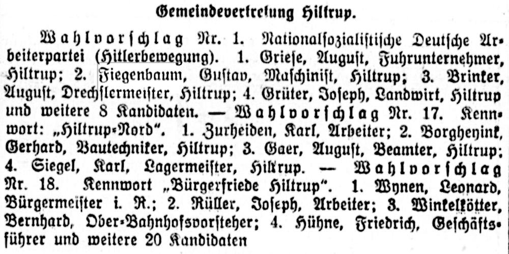 Münsterischer Anzeiger 8.3.1933: Wahlvorschläge zur Kommunalwahl in Hiltrup (Bearbeitung: Henning Klare)