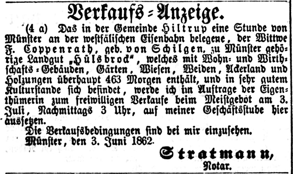 Verkaufsanzeige für Gut Hülsebrock im Münsterschen Anzeiger vom 8.6.1862 (Bearbeitung: Henning Klare)