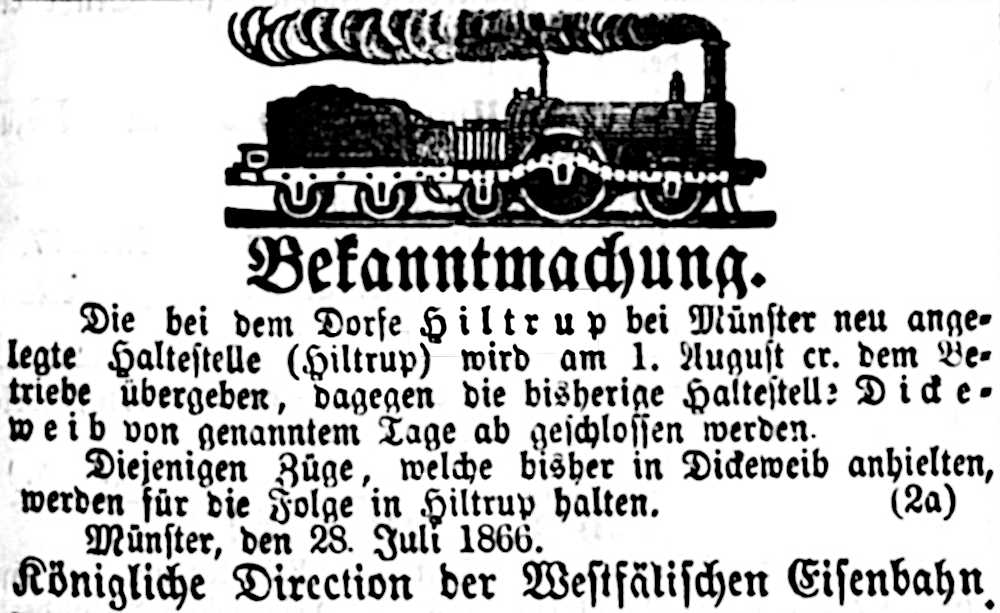 Haltestelle Hiltrup ab 1.8.1866 in Betrieb (Münsterischer Anzeiger 31.7.1866; Bearbeitung: Henning Klare)