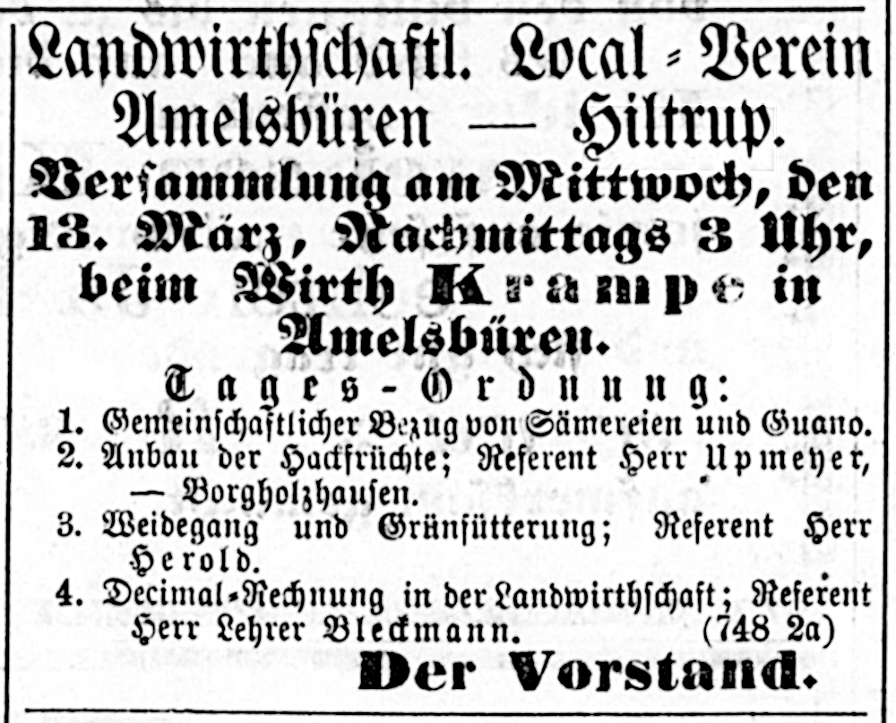 Landwirthschaftl. Local-Verein Amelsbüren-Hiltrup: Einladung zur Versammlung (Münsterischer Anzeiger 10.3.1878; Bearbeitung: Henning Klare)