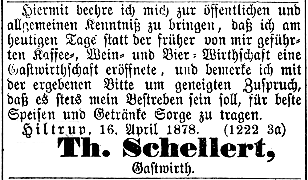 Ab 1878 bietet Scheller auch Speisen an (Münsterischer Anzeiger 19.4.1878; Bearbeitung: Henning Klare)