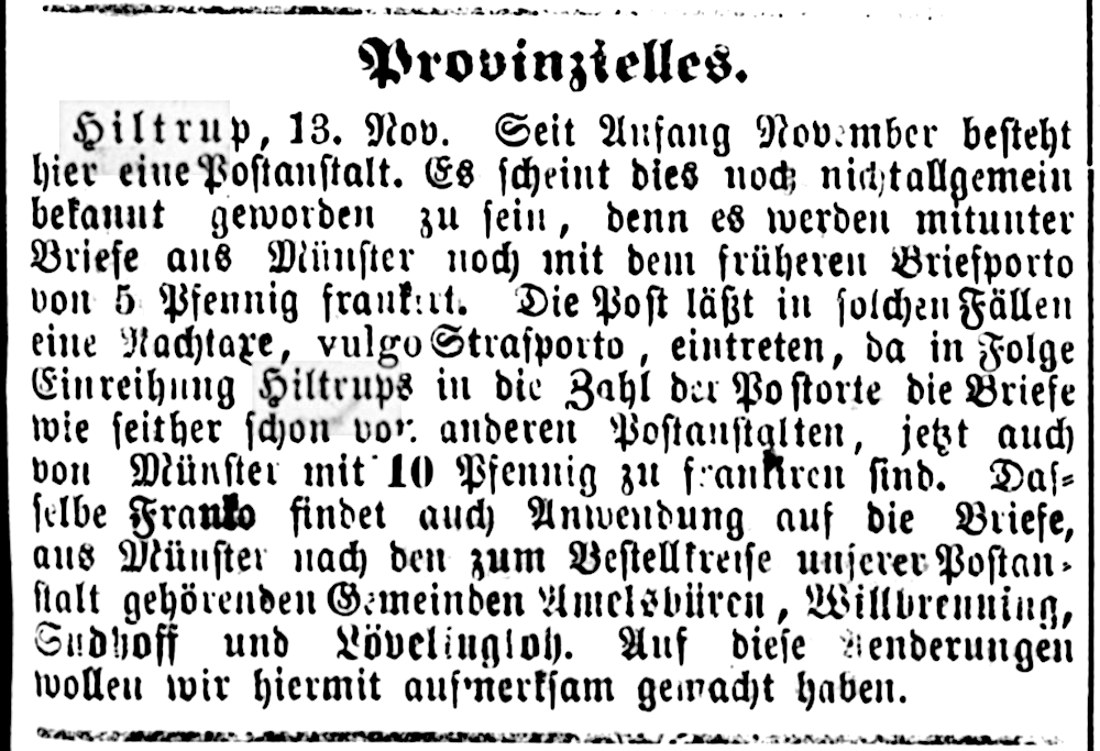 Postanstalt Hiltrup (Münsterischer Anzeiger 14.11.1879, Bearbeitung: Henning Klare)