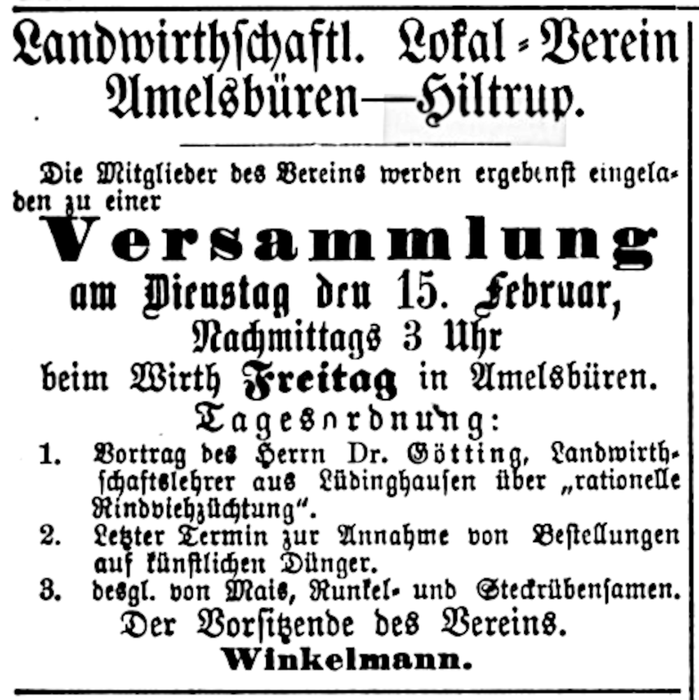 Landwirthschaftl. Lokal-Verein Amelsbüren-Hiltrup: Versammlung mit Vortrag und gemeinsamem Einkauf (Münsterischer Anzeiger 13.2.1881, Bearbeitung: Henning Klare)