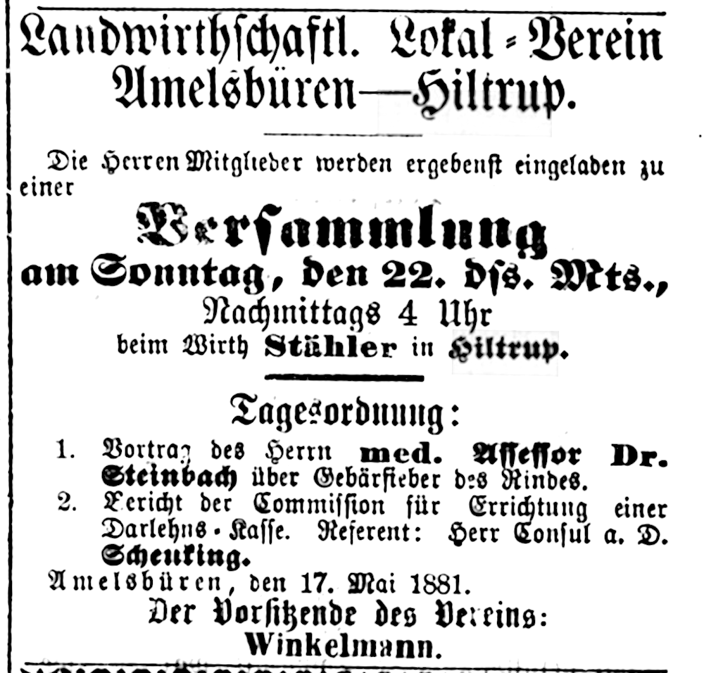 Commission für Errichtung einer Darlehns-Kasse: Schencking berichtet (Münsterischer Anzeiger 21.5.1881, Bearbeitung: Henning Klare)