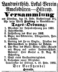 Schencking wirbt im Landwirthschaftlichen Lokal-Verein Amelsbüren-Hiltrup für den Kanalbau (Münsterischer Anzeiger 11.2.1882, Bearbeitung: Henning Klare)