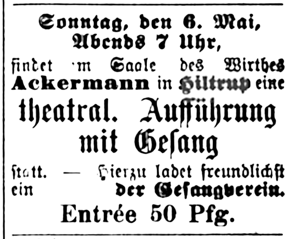 Theatralische Aufführung mit Gesang (Münsterischer Anzeiger 2.5.1888, Bearbeitung: Henning Klare)