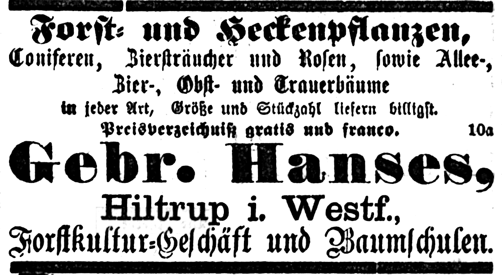 Inserat der „Gebr. Hanses, Hiltrup i. Westf.“ im Westfälischen Merkur (Münsterischer Anzeiger 18.2.1894, Bearbeitung: Henning Klare)