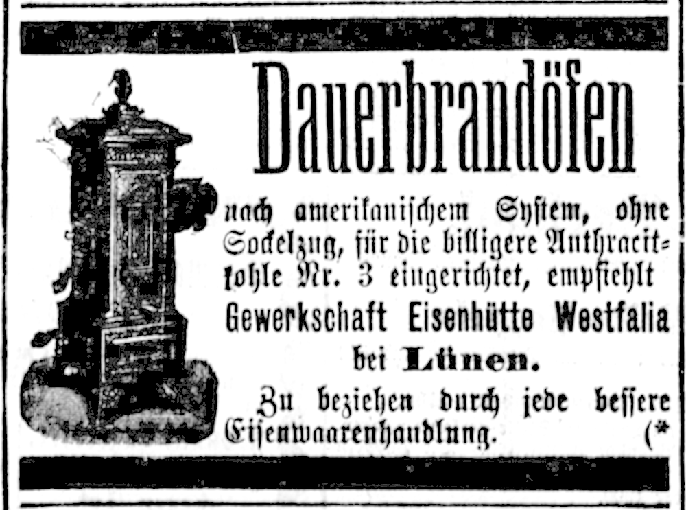 Dauerbrandöfen für Anthrazitkohle: Inserat im Münsterischen Anzeiger am 6.11.1900 (Bearbeitung: Henning Klare)