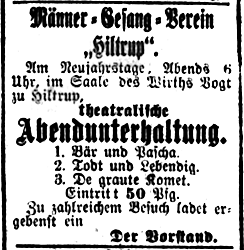"Theatralische Abendunterhaltung" des Hiltruper Männergesangvereins (Münsterischer Anzeiger 1.1.1902, Bearbeitung: Henning Klare)