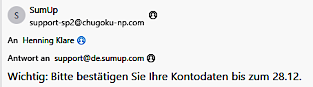Kriminelle Email, angeblich von chugoku-np.com für "SumUp" (24.12.2024)