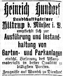 Zeitungsinserat der Landschaftsgärtnerei von Heinrich Hundorf (Münsterischer Anzeiger 8.3.1908, Bearbeitung: Henning Klare)
