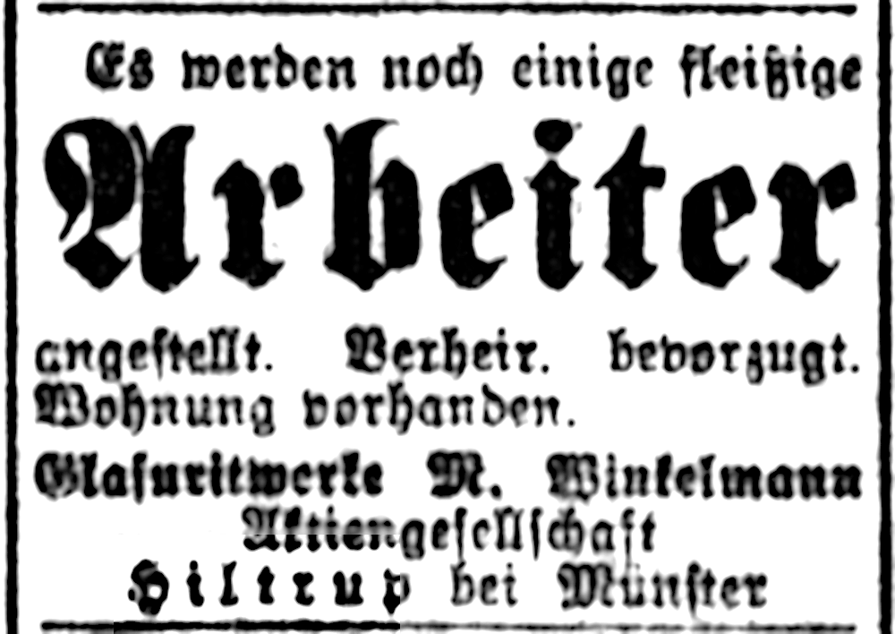 Stellenangebot der Max Winkelmann AG: „Wohnung vorhanden“ (Münsterischer Anzeiger 15.2.1914, Bearbeitung: Henning Klare)