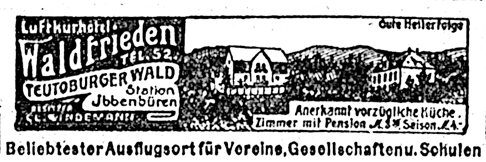 “Luftkurhotel Waldfrieden“ bei Ibbenbüren (Münsterischer Anzeiger 7.8.1914, Bearbeitung: Henning Klare)