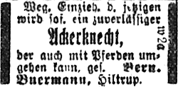 Ackerknecht gesucht: Wegen Einziehung des jetzigen (Münsterischer Anzeiger 24.10.1914)