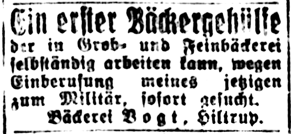 Der Hiltruper Bäcker Vogt sucht Ersatz für seinen eingezogenen Bäckergehilfen (Münsterischer Anzeiger 3.1.1915, Bearbeitung: Henning Klare)