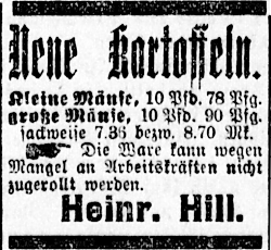 "Die Ware kann wegen Mangel an Arbeitskräften nicht zugerollt werden“ (Münsterischer Anzeiger 5.7.1915, Bearbeitung: Henning Klare)