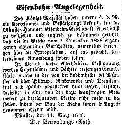 “Concessions= und Bestätigungs=Urkunde“ für die Münster-Hammer Eisenbahn (Westfälischer Merkur 13.3.1846, Bearbeitung: Henning Klare)
