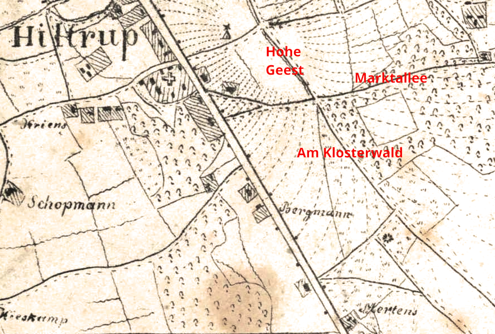 Hiltrup-Mitte im Jahr 1835 (Generalstabskarte von 1835, Ausschnitt, in Rot die heutigen Straßennamen; Bearbeitung: Henning Klare)