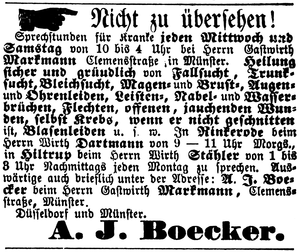 "Sprechstunden für Kranke" in der Hiltruper Gastwirtschaft Stähler (Münsterischer Anzeiger 21.11.1876, Bearbeitung: Henning Klare)