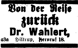 "Von der Reise zurück Dr. Wahlert, Hiltrup, Fernruf 18" (Münsterischer Anzeiger 18.11.1906, Bearbeitung: Henning Klare)