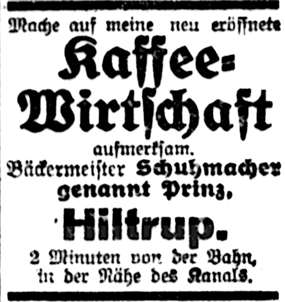 Bäckermeister Schuhmacher genannt Prinz wirbt für seine „neu eröffnete Kaffee-Wirtschaft“ (Münsterischer Anzeiger 21.5.1916, Bearbeitung: Henning Klare)