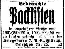 Das 7. Armee-Korps sucht Packkisten für die Hiltruper Kriegsdarre (Münsterischer Anzeiger 23.6.1916, Bearbeitung: Henning Klare)