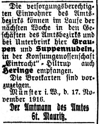 Rationierte Graupen, Suppennudeln und Heringe für Hiltrup (Münsterischer Anzeiger 19.11.1916, Bearbeitung: Henning Klare)