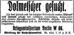 Das Kriegsministerium sucht Dolmetscher für die besetzten Gebietsteile (Münsterischer Anzeiger 20.7.1917, Bearbeitung: Henning Klare)