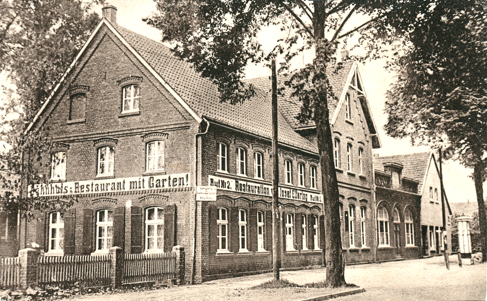 “Restauration von Josef Elfering“ an der Bahnhofstraße in Hiltrup (Postkarte um 1930, Hiltruper Museum; Bearbeitung: Henning Klare)