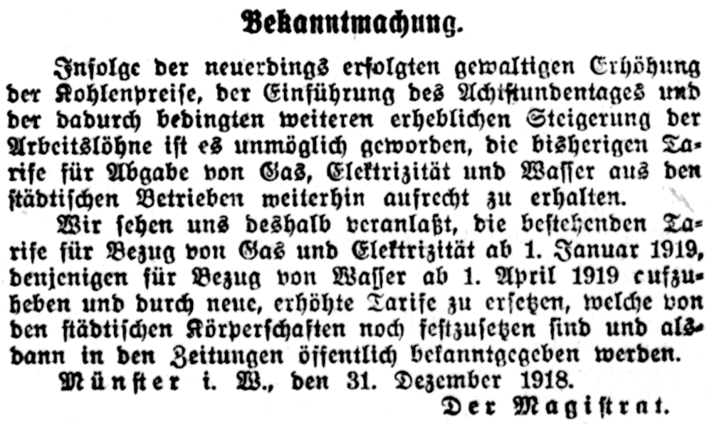 Gas, Strom und Wasser werden teurer (Münsterischer Anzeiger 31.12.1918, Bearbeitung: Henning Klare)