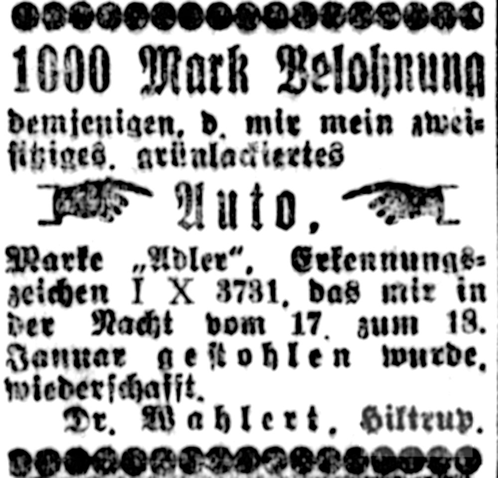 Dr. Wahlert fuhr eins der ersten Autos in Hiltrup (Münsterischer Anzeiger 22.1.1919, Bearbeitung: Henning Klare)