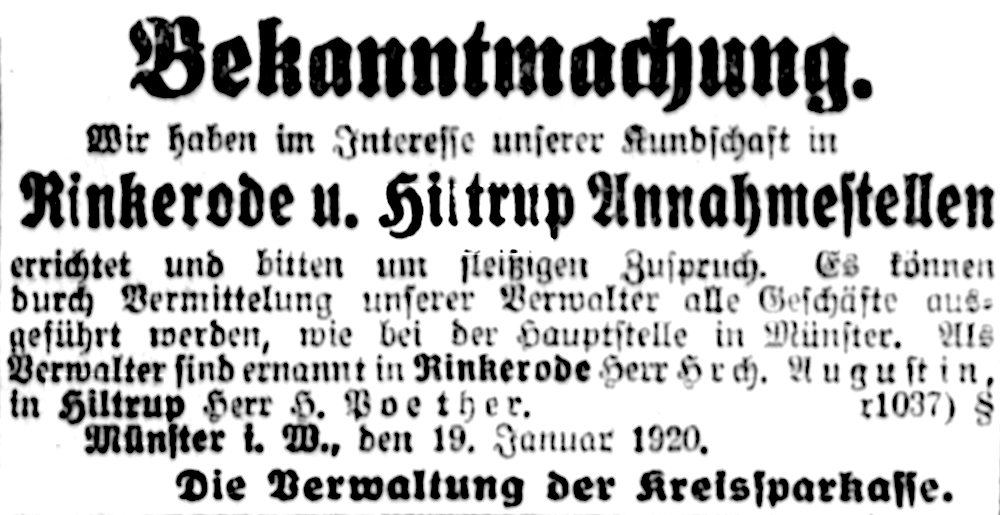 Die Kreissparkasse eröffnet in Hiltrup eine Annahmestelle (Münsterischer Anzeiger 15.1.1920, Bearbeitung: Henning Klare)