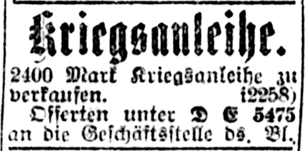 Kriegsanleihe zu verkaufen (Münsterischer Anzeiger 15.1.1920, Bearbeitung: Henning Klare)