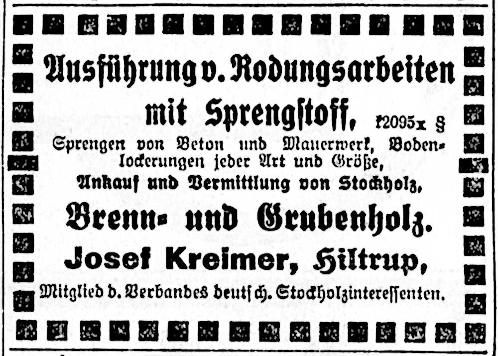 Sprengmeister Josef Kreimer in Hiltrup (Münsterischer Anzeiger 9.1.1921, Bearbeitung: Henning Klare)