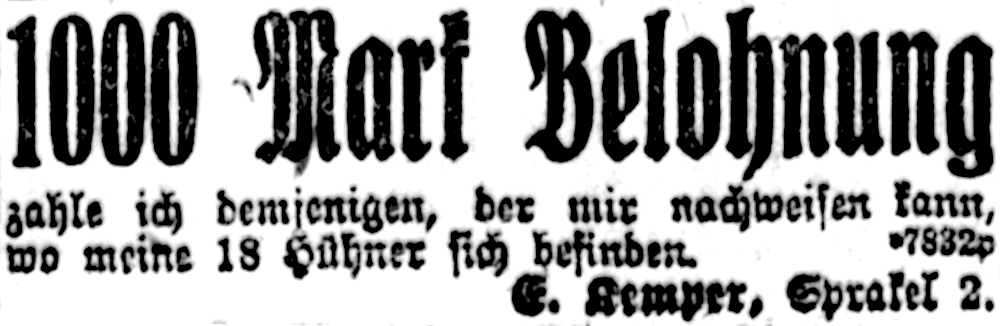 1000 Mark Belohnung für 18 Hühner (Münsterischer Anzeiger 18.11.1921, Bearbeitung: Henning Klare)