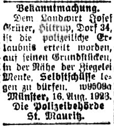 Selbstschüsse in Hiltrup (Münsterischer Anzeiger 18.8.1923, Bearbeitung: Henning Klare)