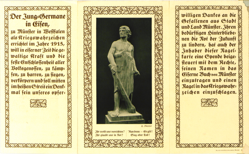 “Der Jung=Germane in Eisen“, aufgestellt am 21.10.1925 in Münster auf dem Prinzipalmarkt (LAV NRW W, T 701/Landesversicherungsanstalt Westfalen (Dep.), Nr. 485)