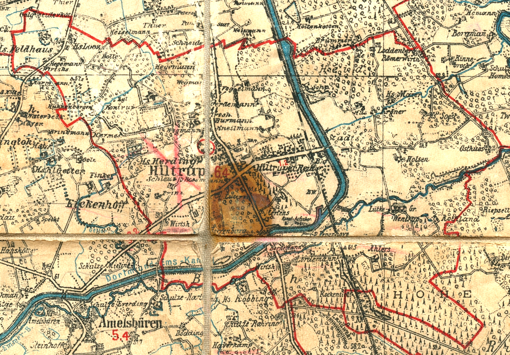 “Karte des Kreises Münster i.W.“ der Mitsdörferschen Buchhandlung. Hiltrups Gemeindegrenze rot markiert; rote Kreismarkierung: Postagentur (Basis: TK25 2213 Münster / MB4011 von 1897; Hiltruper Museum, Bearbeitung: Henning Klare)