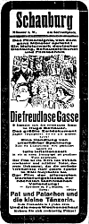 Filmankündigung der Schauburg in Münster: „Die freudlose Gasse“ (Münsterischer Anzeiger 6.10.1925, Bearbeitung: Henning Klare)