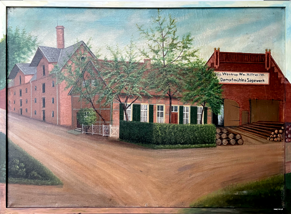 Mühle, Wohnhaus und Sägewerk Wentrup. Das auf 1936 datierte Gemälde zeigt einen Zustand vor 1932. (Hiltruper Museum. Foto und Bearbeitung Henning Klare)