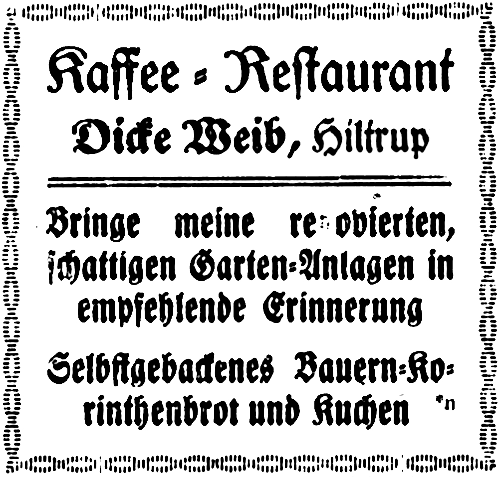 Dicke Weib: Schattige Gartenanlagen, Korinthenbrot und Kuchen (Münsterischer Anzeiger 9.5.1926, Bearbeitung: Henning Klare)