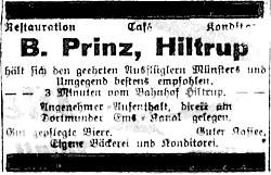 “B. Prinz, Hiltrup hält sich den geehrten Ausflüglern Münsters und Umgegend bestens empfohlen“ (Münsterischer Anzeiger 22.8.1926, Bearbeitung: Henning Klare)