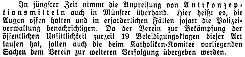 Katholiken-Komitee Münster gegen Anpreisung von Verhütungsmitteln (Münsterischer Anzeiger 24.2.1928, Bearbeitung: Henning Klare)