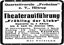 “Frühling der Liebe“ des Quartettvereins „Frohsinn“ e.V., Hiltrup (Münsterischer Anzeiger 4.1.1931, Bearbeitung: Henning Klare)