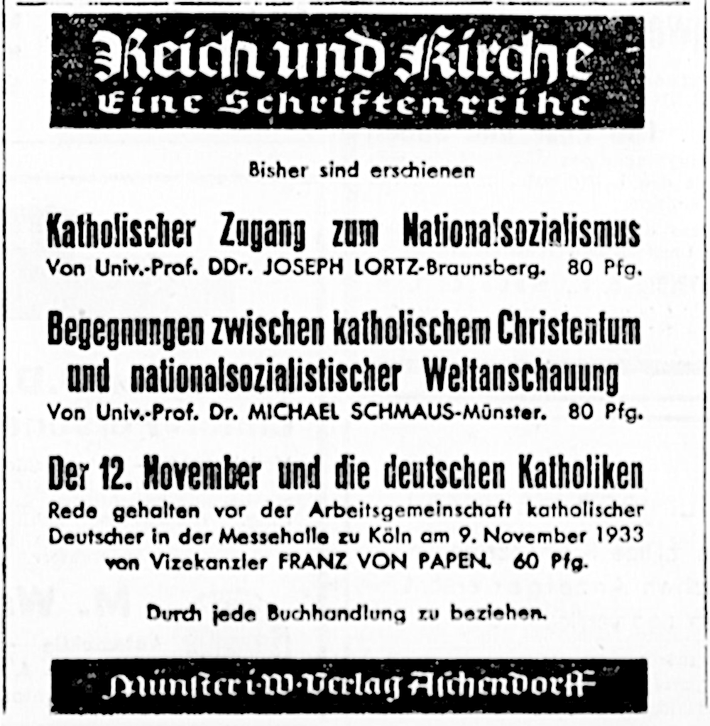 “Reich und Kirche“: Inserat im Münsterischen Anzeiger vom 18.2.1934 (Bearbeitung: Henning Klare)
