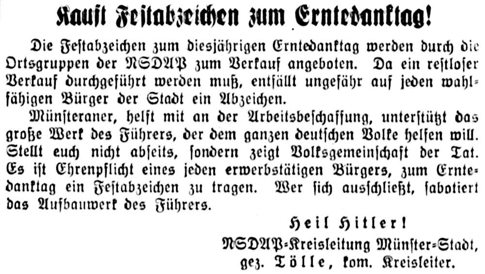 Kauft Festabzeichen zum Erntedank! (Münsterischer Anzeiger 28.9.1934, Bearbeitung: Henning Klare)